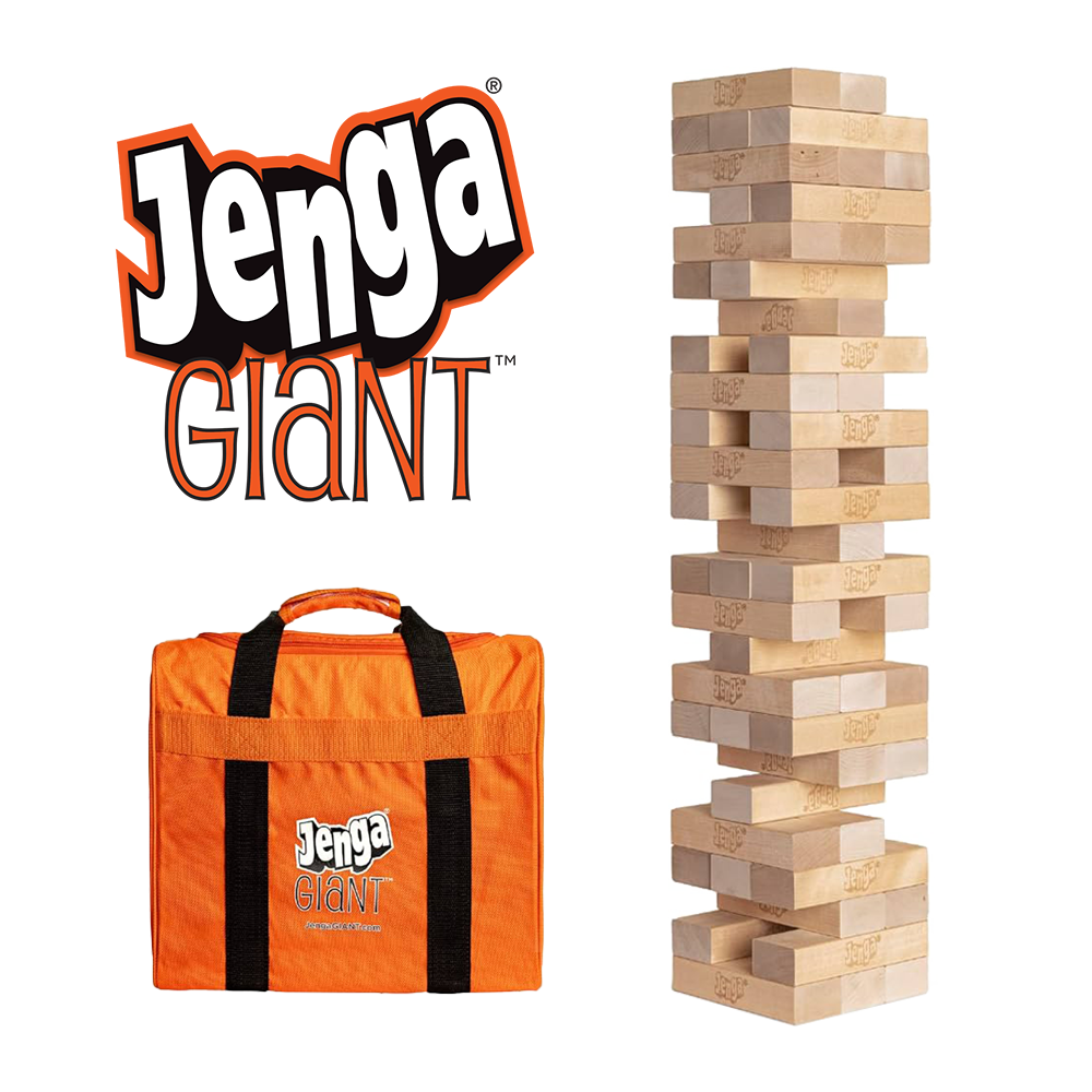 An orange jenga giant bag on the bottom left, an assembled jenga giant tower stands on the right, and above the bag is the jenga giant logo which has white, black, and orange letters.