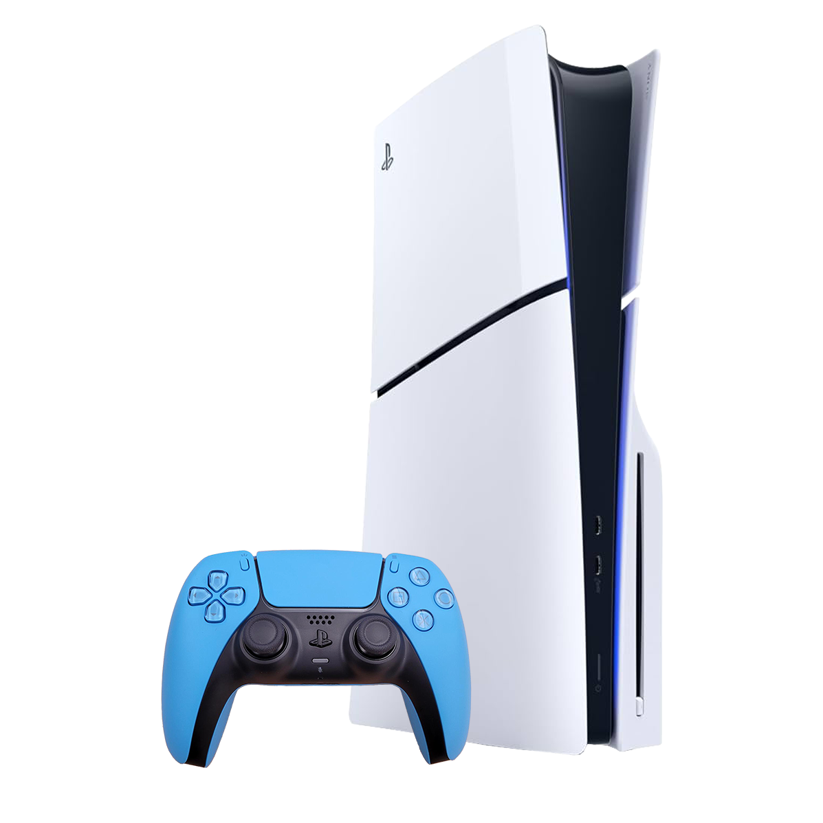 A white Playstation 5 slim console stands upright with a light blue DualSense controller in front of it.