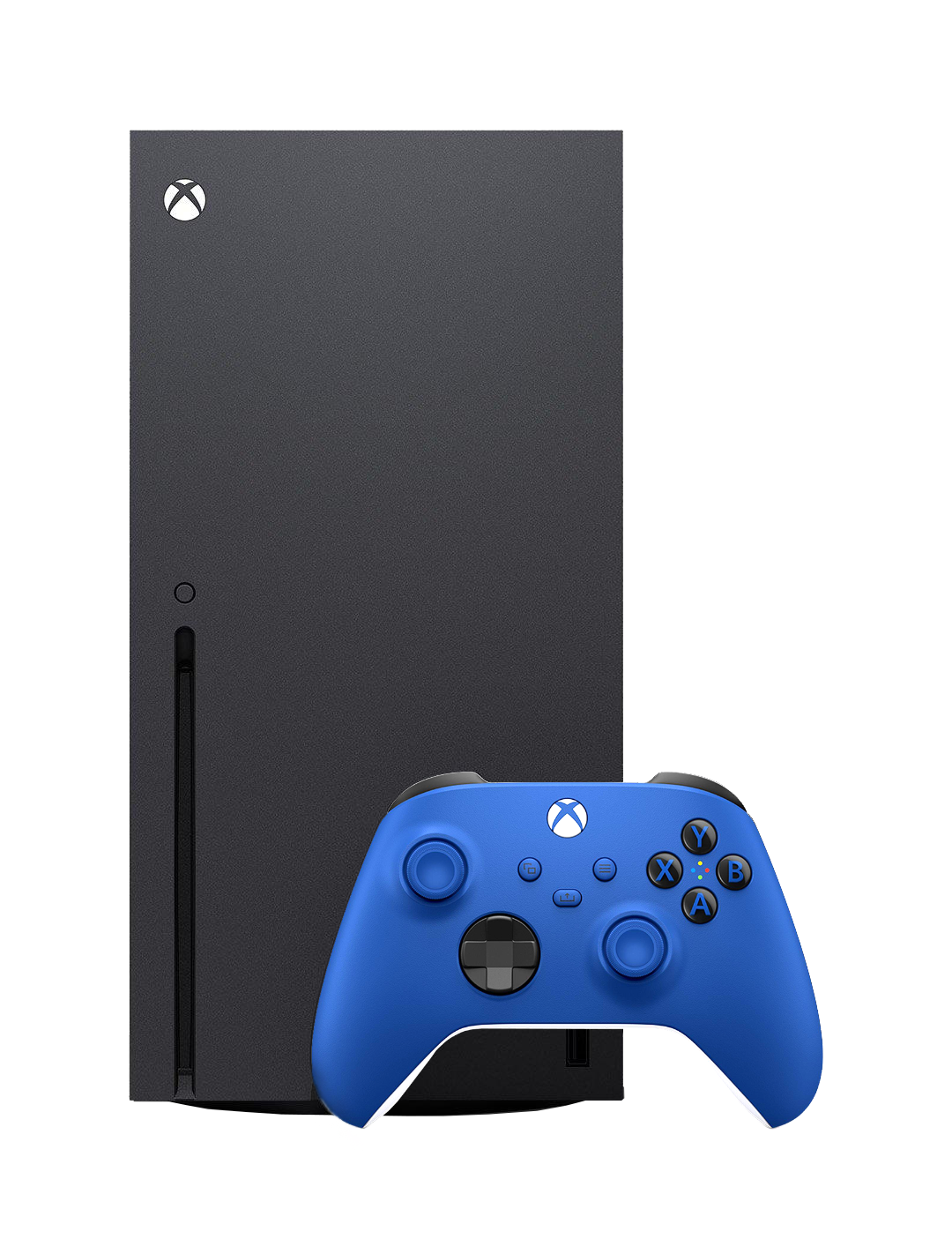 A black xbox series x console standing upright with a blue xbox controller in front of it. 