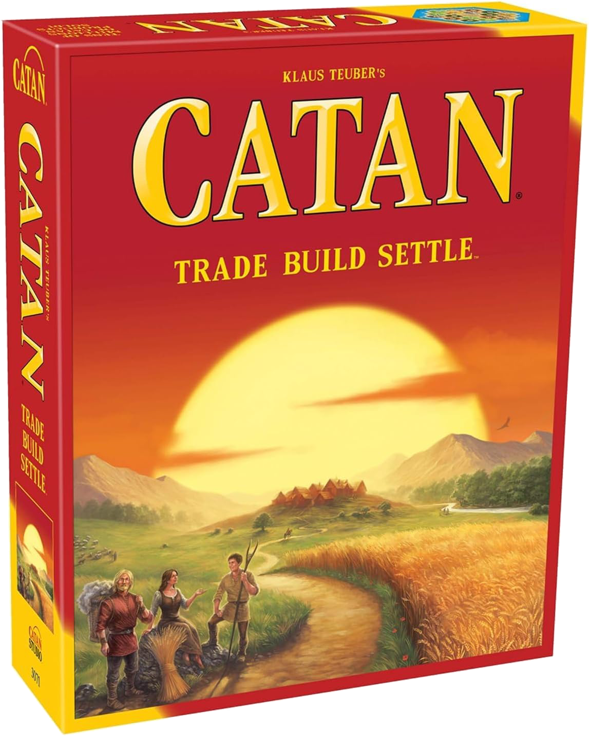 Board game box with an illustration of the setting sun over a prairie with mountains in the distance, people in the foreground. The word "Catan" is yellow at the top with the subtitle "Trade, Build, Settle."