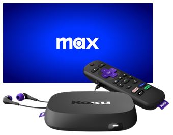 A Roku Ultra station and remote with headphones plugged into it, with the Max logo behind it.