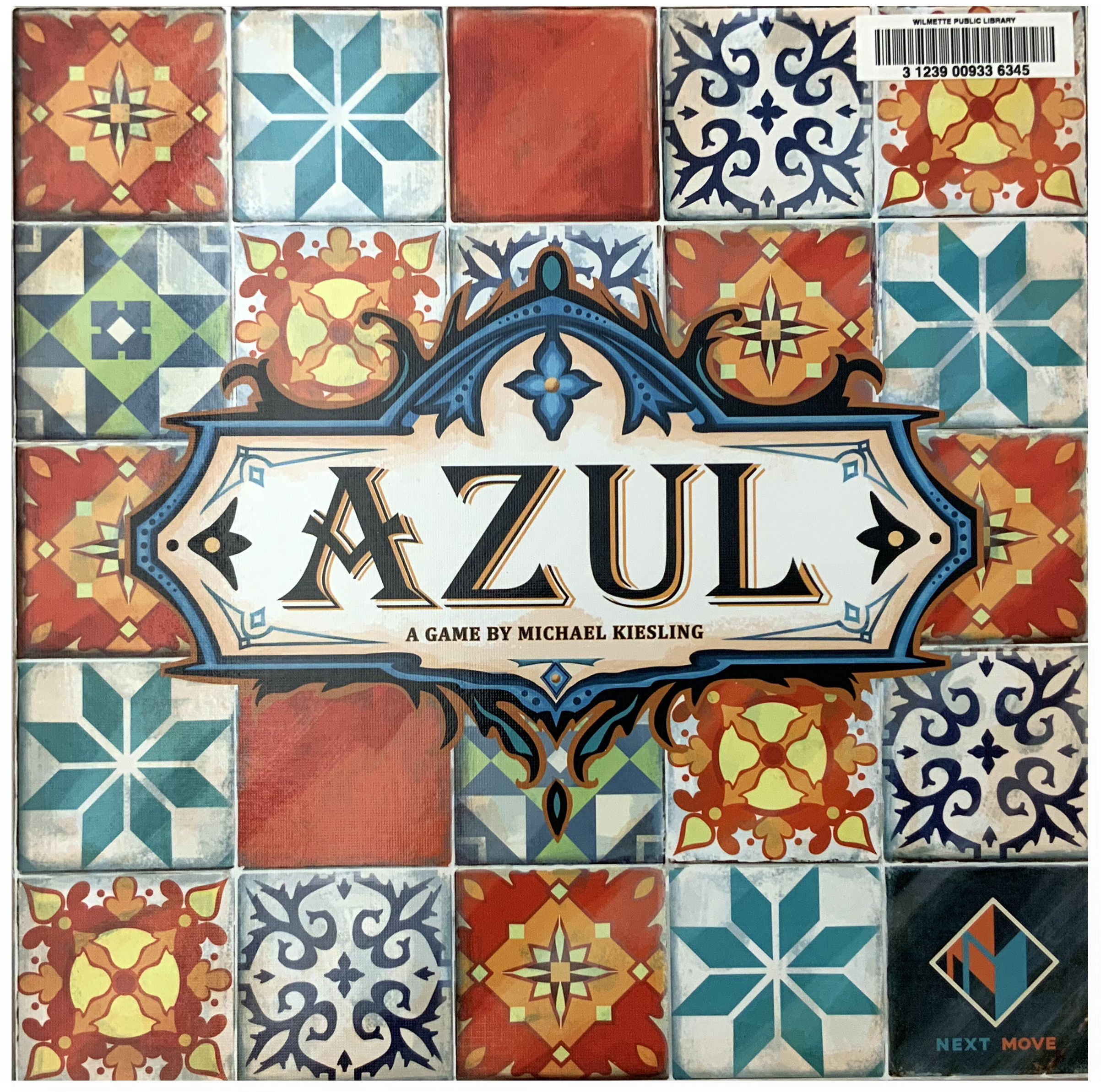 The box art for the board game Azul. Azul is written in the center of the box in stylized font and on a plate with blue embellishments. Surrounding the plate are squares of decorated tiles in bright oranges, yellows, teals, and blacks.  