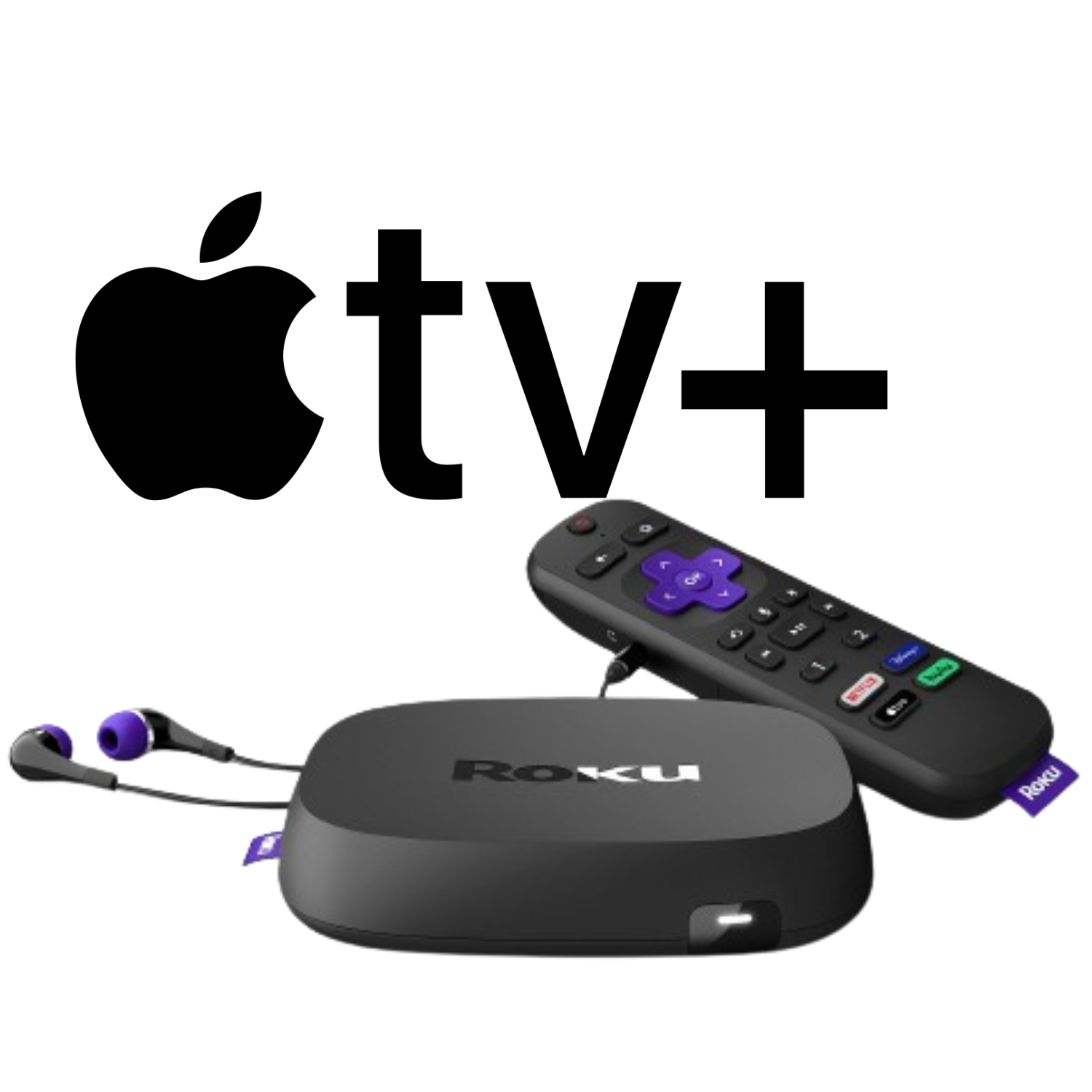 The Apple TV+ logo next to the Roku Ultra device and remote.