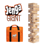 An orange jenga giant bag on the bottom left, an assembled jenga giant tower stands on the right, and above the bag is the jenga giant logo which has white, black, and orange letters.