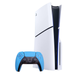 A white Playstation 5 slim console stands upright with a light blue DualSense controller in front of it.