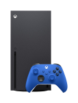 A black xbox series x console standing upright with a blue xbox controller in front of it. 