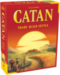 Board game box with an illustration of the setting sun over a prairie with mountains in the distance, people in the foreground. The word "Catan" is yellow at the top with the subtitle "Trade, Build, Settle."
