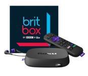 A Roku Ultra station and remote with headphones plugged into it with the Britbox logo behind it.
