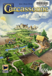 The box art for the board game Carcassonne. The title is written in gold fancy caligraphy at the top. Below is a medieval village vista with green fields, trees, paths, rivers, and a stone castle in the distance. 