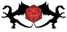 two dragons flanking a d20 die
